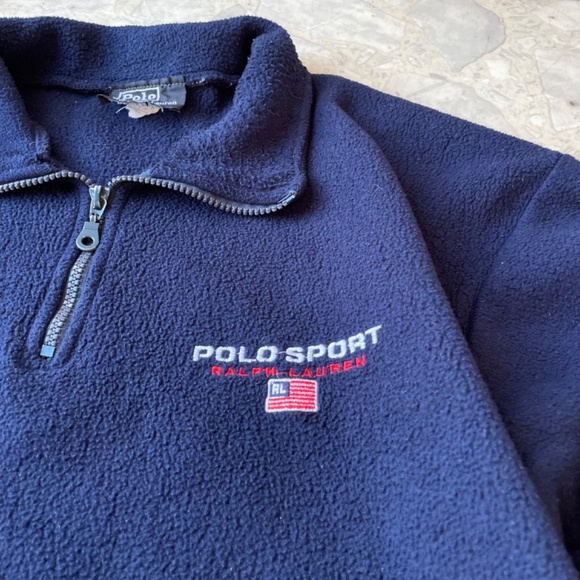 Vtg Polo Sport Ralph Lauren Navy Blue Zip Fleece Pullover Large 90s Made In USA - Picture 2 of 5